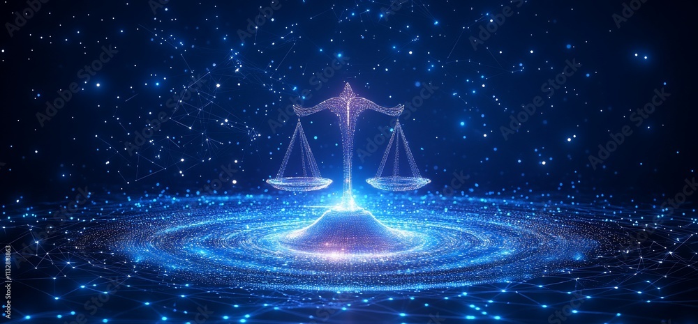 Poster A digital representation of balance symbolized by scales in a cosmic setting.