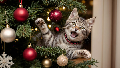 cat with christmas tree