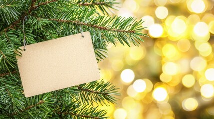 Festive home preparation empty tag on christmas tree in cozy holiday atmosphere