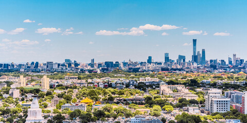 High view scenery of Beijing International Trade CBD and White Pagoda Temple in Beijing, China