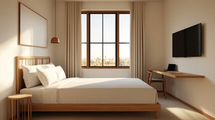 Fototapeta premium Serene Minimalist Hotel Room, Tranquil escape awaits. Sunlight streams through large windows
