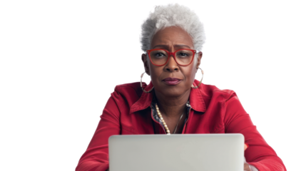 Portrait of mexican senior happy woman holding laptop on white background	
