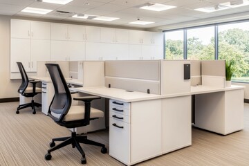Modern office cubicles with ergonomic chairs, natural light, and a serene atmosphere