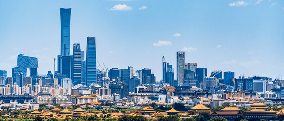 Obraz premium High Angle view scenery of Beijing International Trade CBD and the Forbidden City in China 