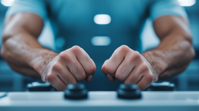 Powerful hands gripping specialized training equipment. Intense focus, determination shown