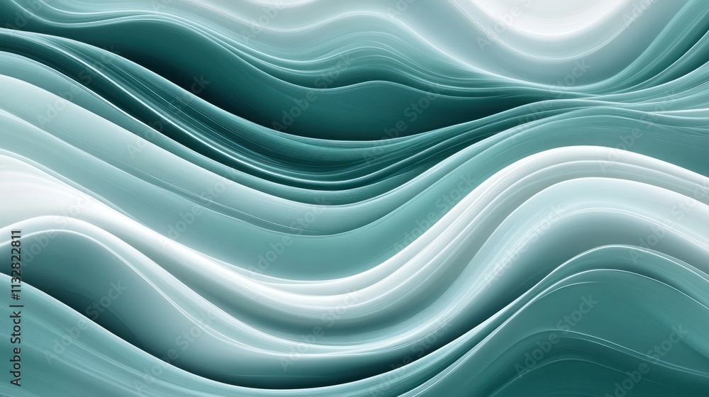 Poster a fluid wave pattern with curving lines in shades of teal and white, creating a sense of movement an