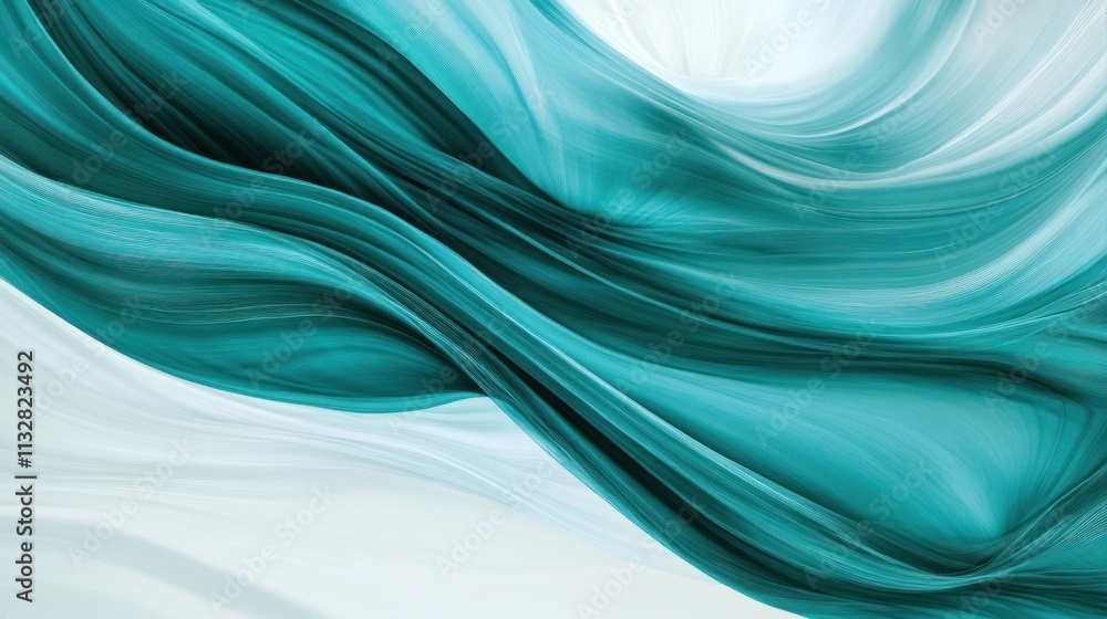 Poster a fluid wave pattern with curving lines in shades of teal and white, creating a sense of movement an