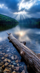fallen log in a calm river