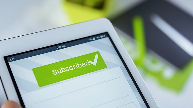 A tablet displaying a "Subscribed" notification with a green checkmark, signifying successful subscription or registration. - Powered by Adobe