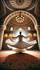 Sufi whirling dervish (Semazen) dances at . Semazen conveys God's spiritual gift to those are witnessing the ritual.