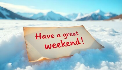 "Have a great weekend!" written in faded red ink on an aged piece of notebook paper, lying on icy snow with a clear blue sky overhead and distant mountains in the background.