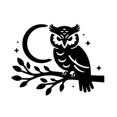 Fototapeta premium Owl perched on branch, crescent moon.