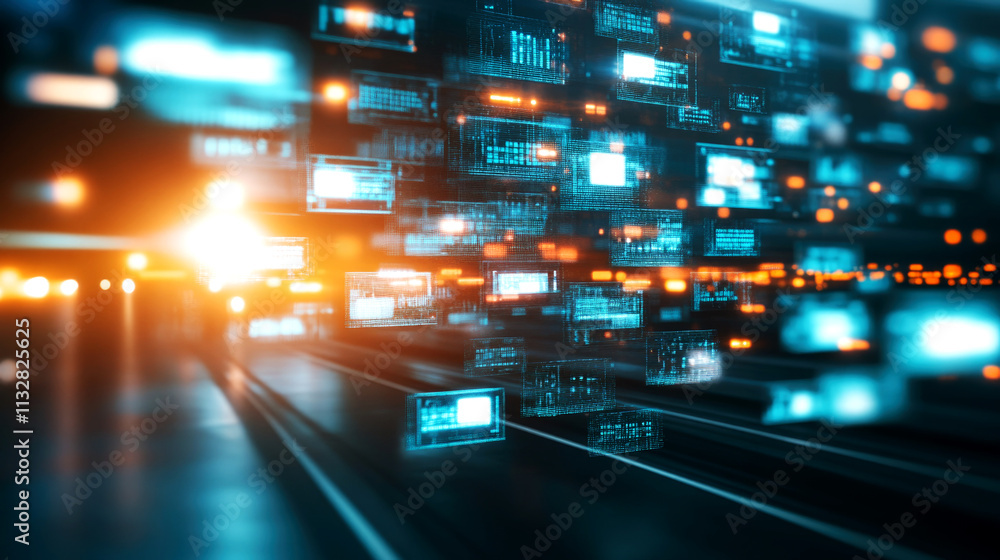 Poster futuristic glowing motion graphics in a cyber environment digital data flow on city streets high-tec