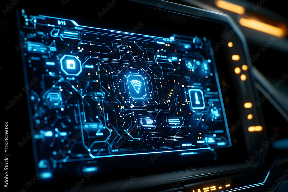Poster futuristic car dashboard displaying security system interface.