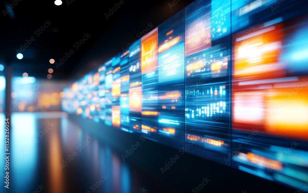 Poster futuristic glowing motion display cyber space digital installation modern gallery dynamic perspectiv