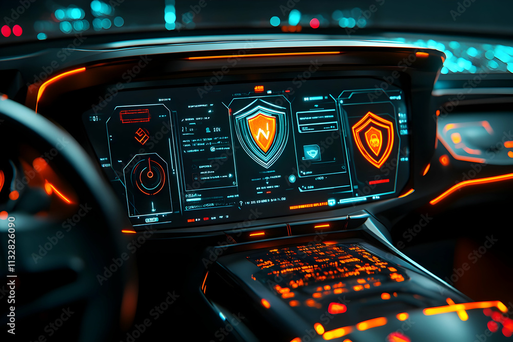 Poster futuristic car dashboard with digital security interface.