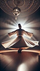 Sufi whirling dervish (Semazen) dances at . Semazen conveys God's spiritual gift to those are witnessing the ritual.