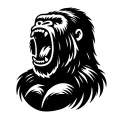 Obraz premium Roaring gorilla head, black and white illustration.