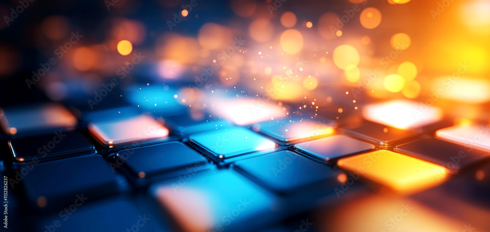 Poster futuristic cyber motion on glowing keyboard digital workspace high-tech environment close-up viewpoi