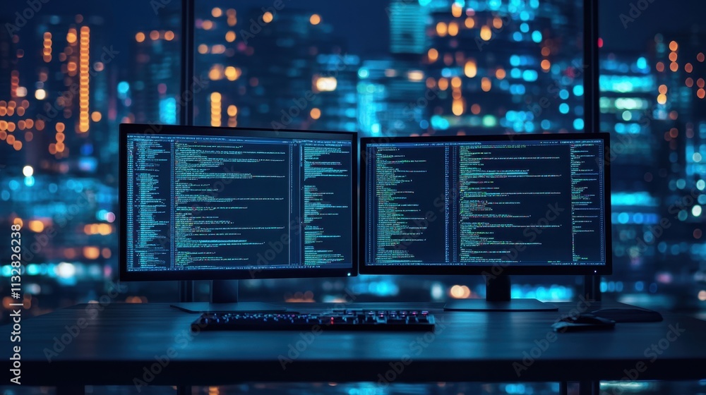 Aufkleber dual monitors displaying code with city lights in background