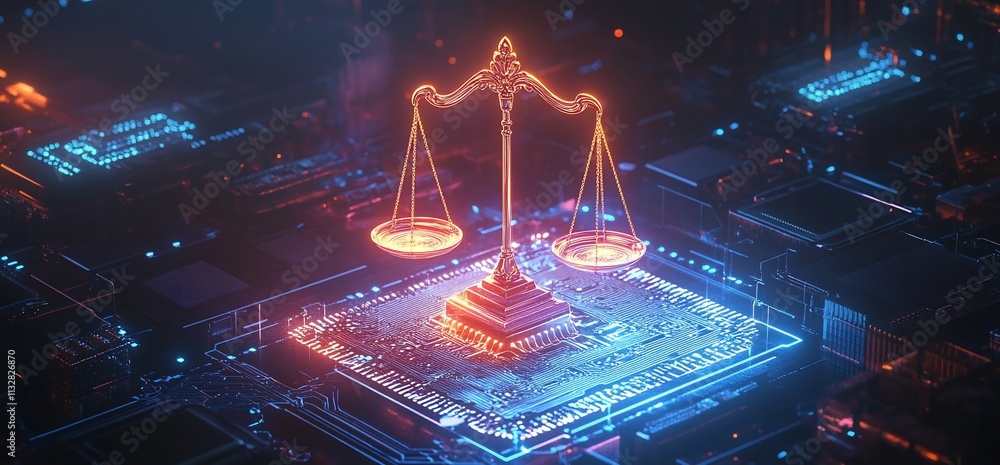 Poster a glowing scale of justice set on a futuristic circuit board.