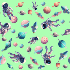 Cosmic Adventure Pattern: Explore the endless cosmos with this seamless pattern of astronauts, planets, and rockets on a vibrant green background.