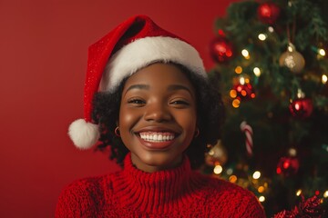 A cheerful woman in a red sweater and Santa hat smiles in front of a beautifully decorated tree.