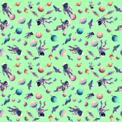 Space Odyssey Design: Explore the endless cosmos with this seamless pattern of astronauts, planets, and rockets on a vibrant green background.