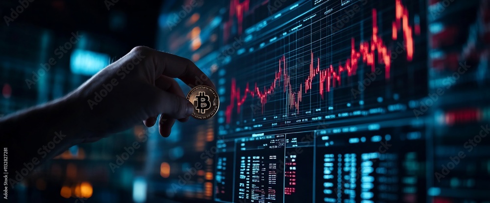 Poster a hand holding a bitcoin coin in front of a digital trading chart.
