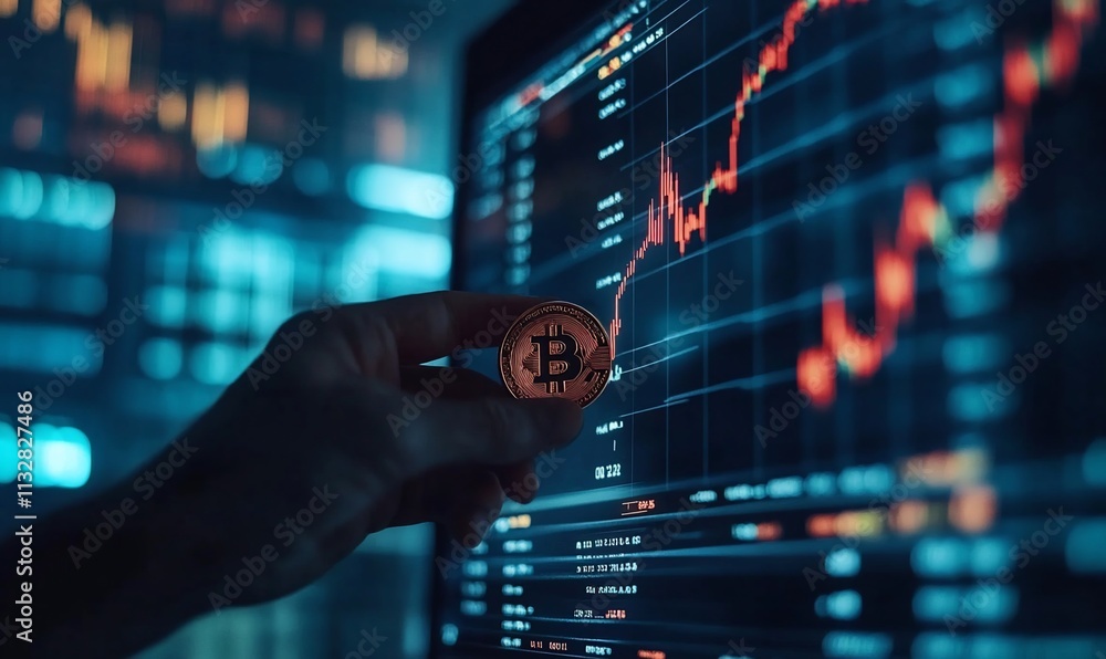 Poster a hand holding a bitcoin in front of a digital stock market display.