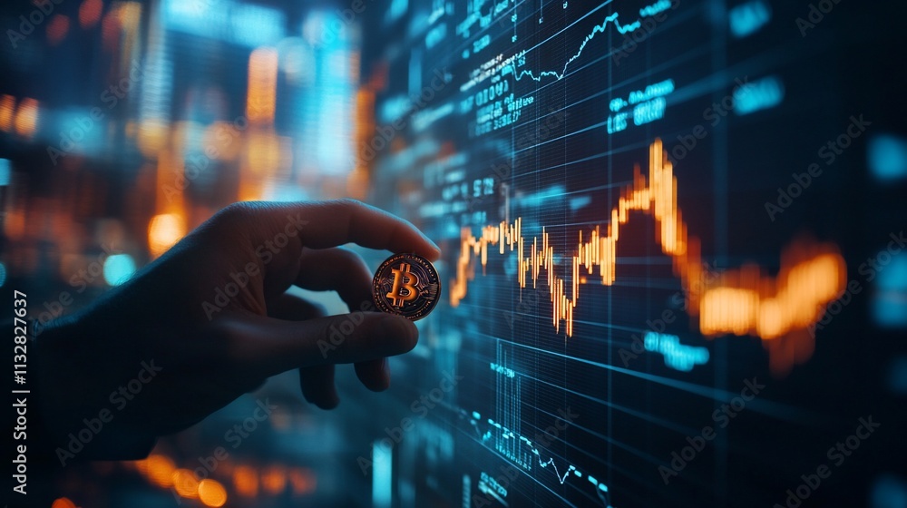 Aufkleber a hand holding a bitcoin coin in front of a digital financial graph.