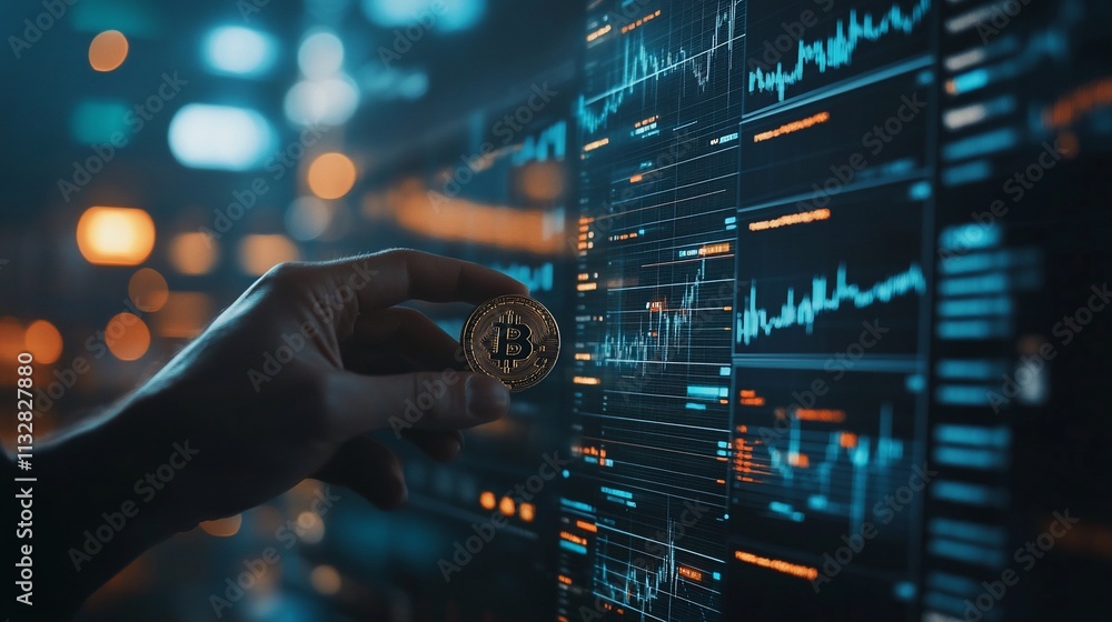 Poster a hand holding a bitcoin in front of digital financial graphs.