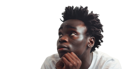 Thinking, face and african man with decision on white background 
