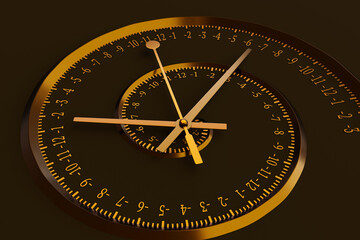 Shiny spiral golden clock having negative numbers on the face on dark background. Illustration of the concept of negative time in quantum mechanics