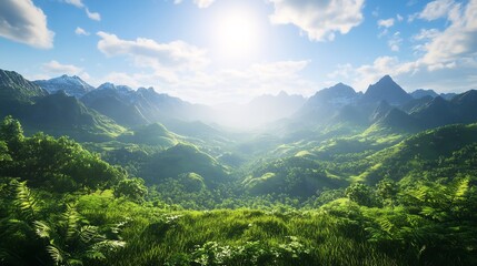 Obraz premium A Lush Green Mountain Landscape with a Bright Sun