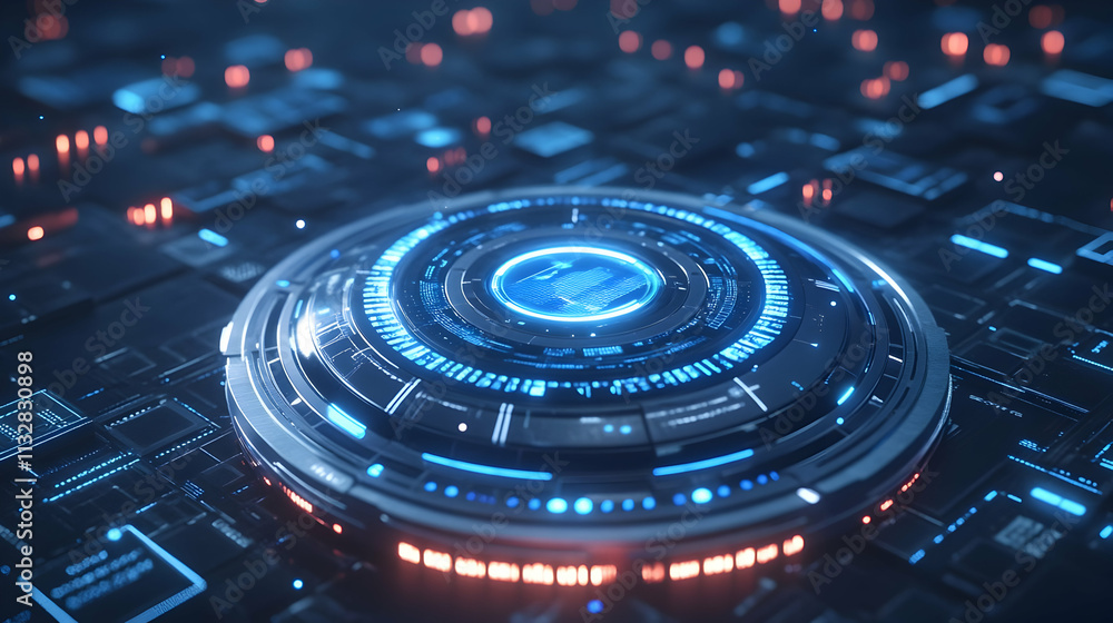 Poster futuristic tech interface, glowing circular device on circuit board.