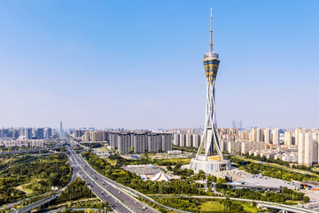 Obraz premium High view scenery of Zhongyuan Futa and overpass in Zhengzhou, Henan, China
