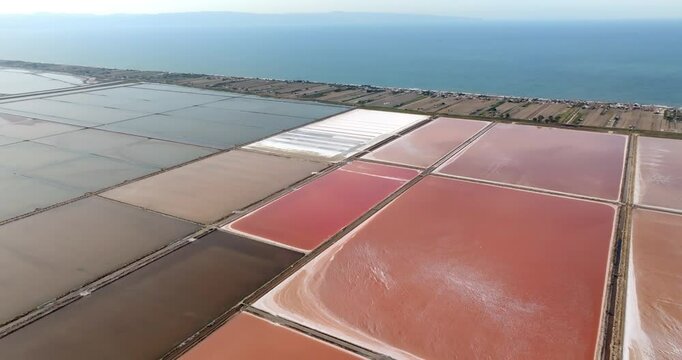 Aerial view of the Margherita di Savoia salt mines, in Puglia, Italy. They are the largest salt mines in Europe. In background is the Mediterranean Sea.