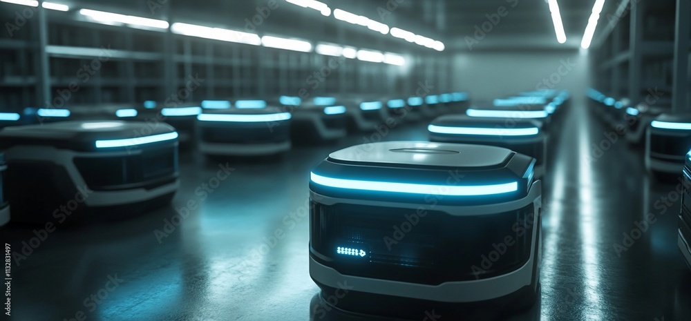 Aufkleber A row of autonomous robots in a futuristic warehouse setting.