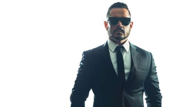 Serious bodyguard young mexican man beard dark sunglasses black suit on white background
