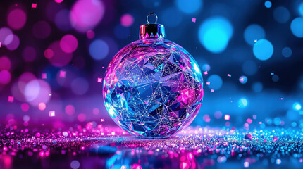 A vibrant, multicolored Christmas bauble ornament sparkles against a bokeh background, creating a festive and magical atmosphere.