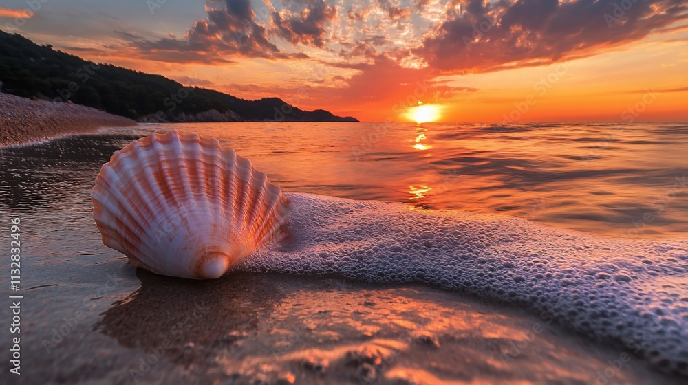 Poster a seashell on a beach at sunset, with waves gently lapping the shore.