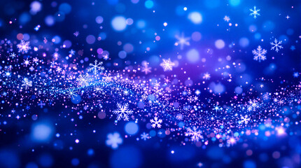Glittering snowflakes and bokeh lights create a magical winter wonderland effect in this ethereal blue and purple composition.