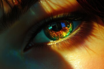 Fototapeta premium Close-up of a vibrant, multicolored eye, illuminated by warm sunlight, showcasing intricate details of lashes and iris.