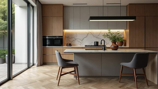 Modern kitchen design with natural light and elegant wooden details in a contemporary home