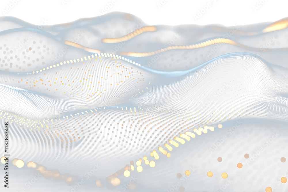 Poster abstract dark wavy surface with glowing particles.