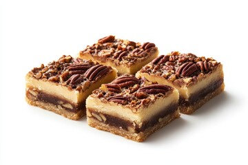Delicious pecan bars presented on a white background showcasing layers and textures in detail