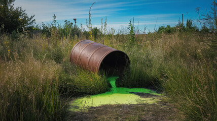 Obraz premium An abandoned rusted barrel spills bright green liquid into a field, surrounded by tall grass under a blue sky, evoking themes of neglect and pollution.