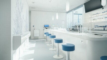 a clean laboratory space with white and blue stools