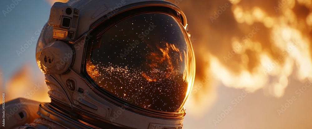 Poster an astronaut gazes at a fiery celestial scene reflected in their visor.